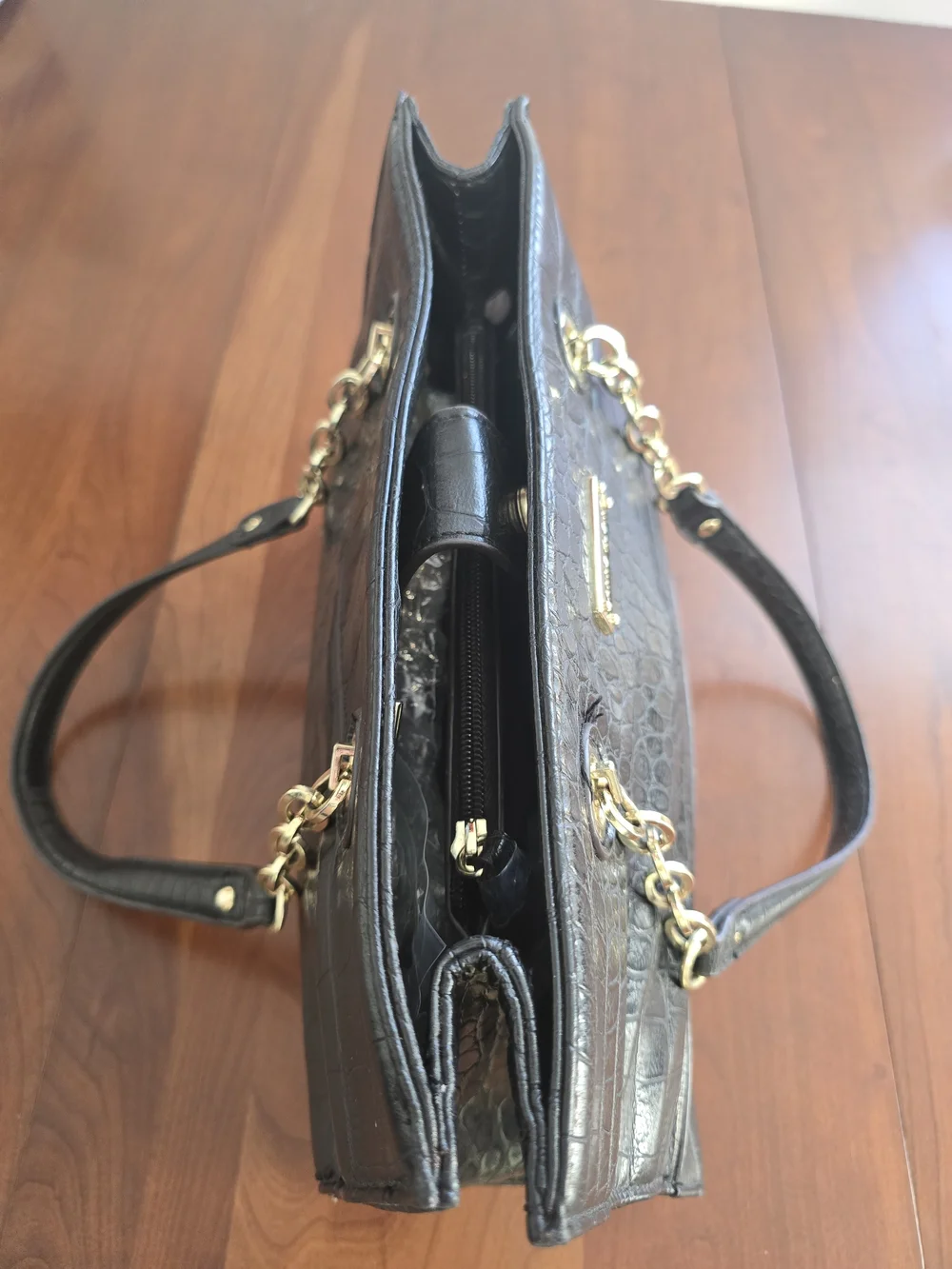 Anne Klein Black Croc-Embossed Shoulder Bag with Gold Accents, New Without Tags!